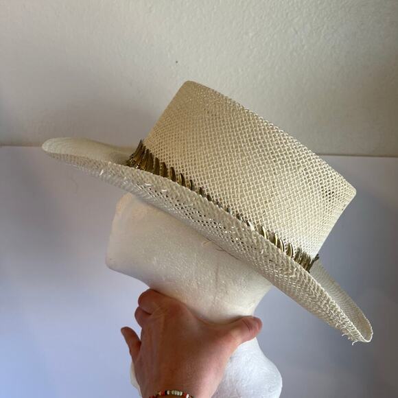 USA Vintage 90s Woven Sun Hat With Metal Golden Spiked Band Hat Size Small - Picture 5 of 14